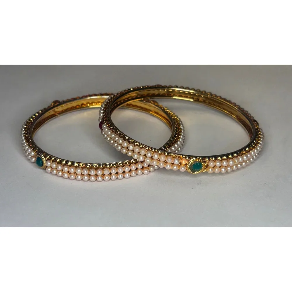 Indian Gold Tone Pearl Bangle Set Red Green Cabochon Bollywood Ethnic Bracelets